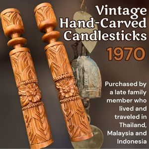 Vintage Hand-Carved Pair of Teak Wood Candlesticks from Thailand 1970